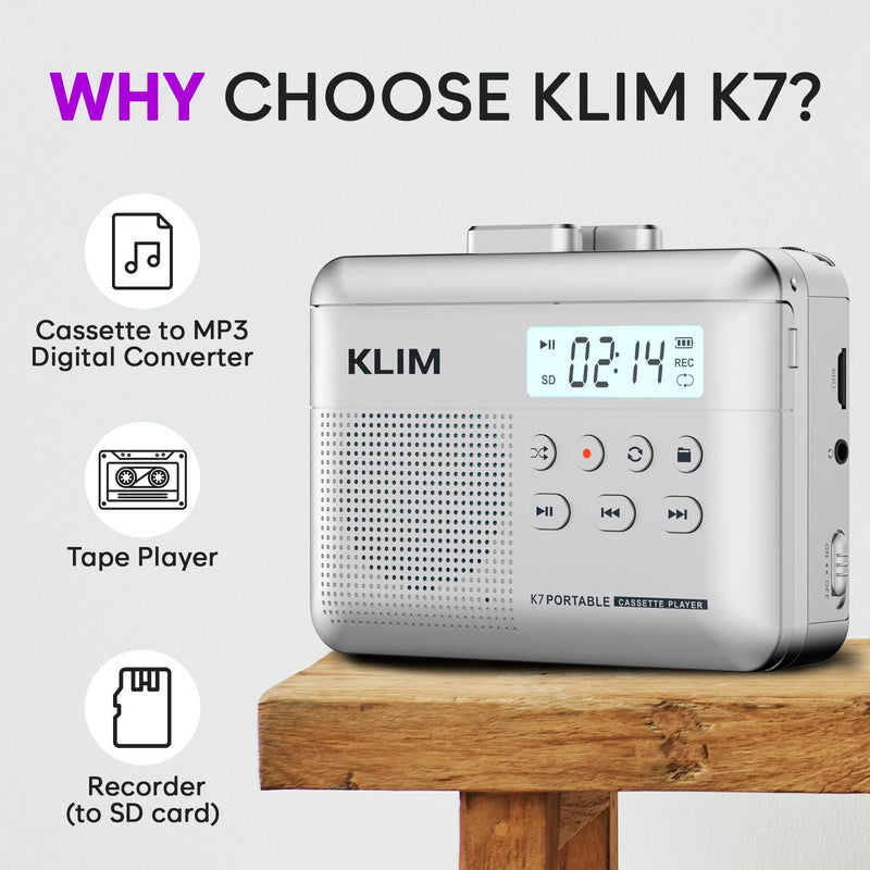 [AUSTRALIA] - KLIM K7 Cassette Tape Player - Cassette to MP3 Converter - Portable - Built-in Microphone & Speaker - Rechargeable Battery - Earphones - 16GB SD Card - Silver 