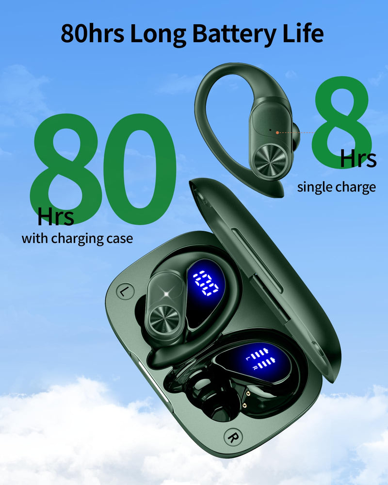 2 Sets Bluetooth Headphones Wireless Earbuds 80hrs Playtime Wireless Charging Case Sports Ear buds with Earhook Premium Deep Bass IPX7 Waterproof Over-Ear Earphones for TV Phone Laptop Olive and White
