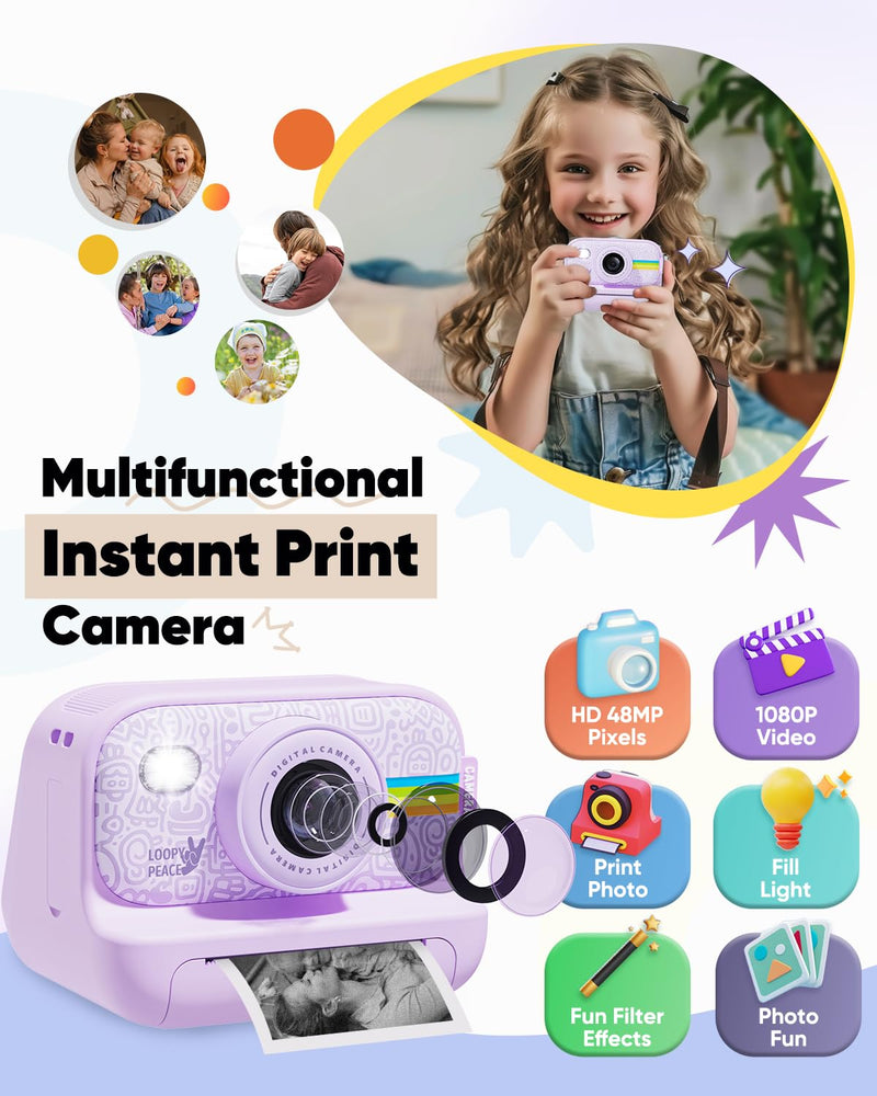 Instant Print Camera for Kids,Portable Toy for 3-12 Year Old Girl,48MP Digital Cameras for Toddler, Christmas Birthday Gifts for 4 5 6 7 8 9 10 Year Old Boys Purple