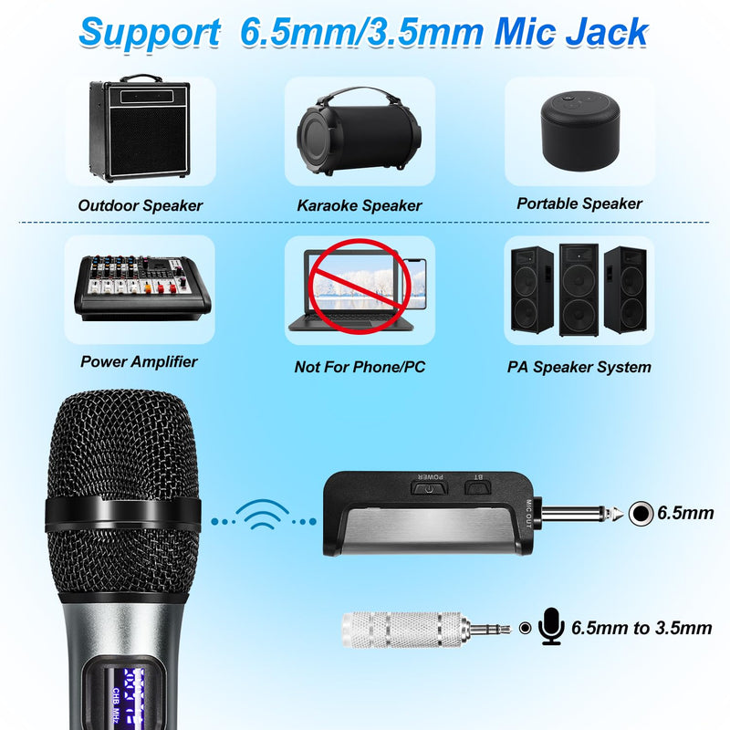 Wireless Microphone Karaoke System with Rechargeable Bluetooth Receiver,Professional Handheld Dynamic Cordless Microphone,UHF 200 FT Range,6.5mm/3.5mm Output, for Singing Karaoke Speech