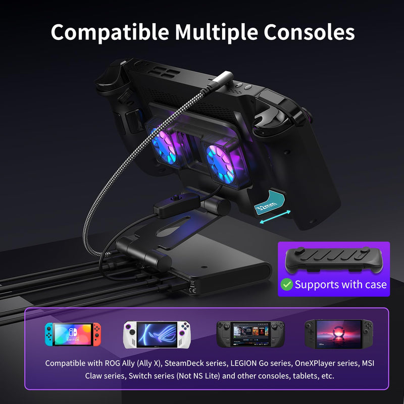 Adjustable Stand Steam Deck Docking Station with RGB Light Cooling Fan | 4K@60Hz, PD100W, Gigabit Ethernet Fit and HDMI for Steam Deck/ROG Ally X/Legion Go (S)/MSI Claw/Switch Non-Detachable Fan