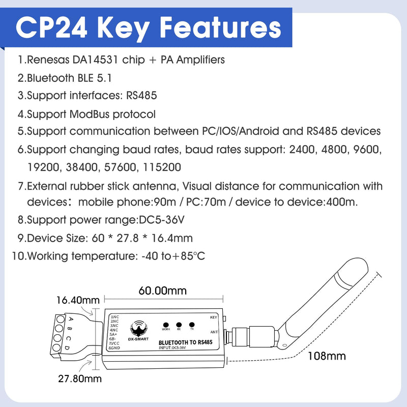 DX-CP24 Bluetooth to RS485 Serial Adapter Industrial Wireless Bluetooth Communication Module to RS485 Converter, Change 485 Wired Device to Wireless (CP24 for Device) CP24 For device