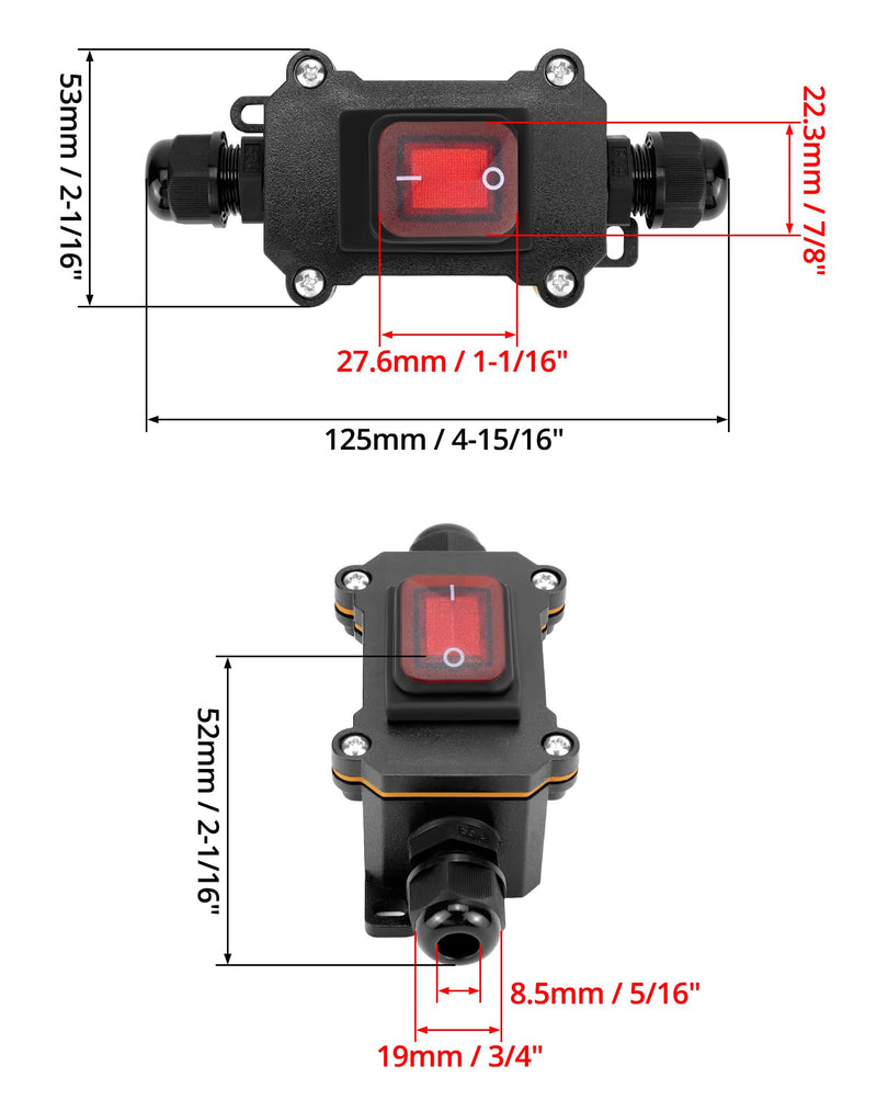[AUSTRALIA] - QWORK® IP65 Waterproof Inline Cable Switch with Red Indicator Light, 220V 30A, DPST Rocker Switch, Dual Position On/Off Rocker Switch 