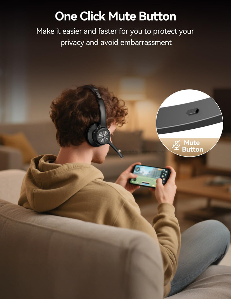 [AUSTRALIA] - TECKNET Trucker Bluetooth Headset, Wireless Headset with Mic for Work, V5.2 Bluetooth Headphones with AI Noise Cancelling Microphone, 60H Battery, On-Ear Headphones for Call Center, Office, Drivers Black 