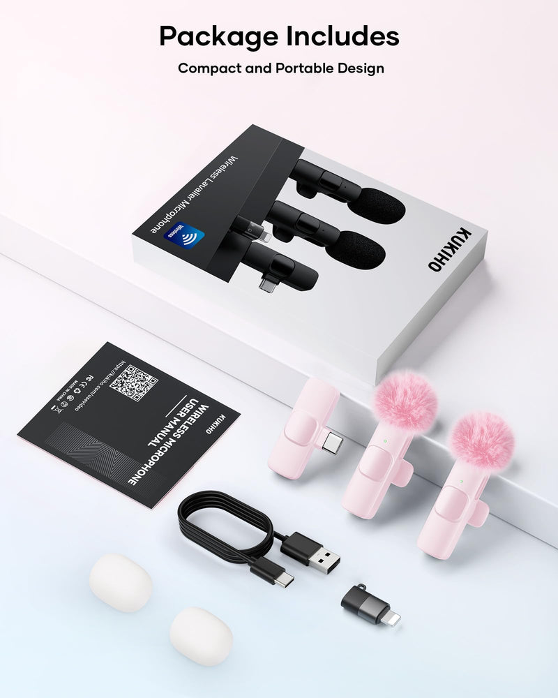 [AUSTRALIA] - Wireless Lavalier Microphone for iPhone iPad and Android Phone, 2 Pack Lapel Mic Plug and Play Wireless Mic Noise Reduction Microphone for Video Recording Interview Podcast Vlog YouTube Tiktok (Pink) Without Case Pink 