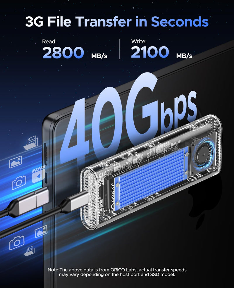 ORICO 40Gbps M.2 NVMe SSD Enclosure with Built-in Cooling Fan, Tool-Free, Support 2230 2242 2260 2280(M Key), Compatible with Thunderbolt 4/3 USB4/3.2-TCM2U4-BLUE