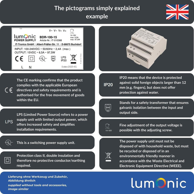Lumonic I Power Supply DIN Rail BDR-30-12 I 12 V / 30 W I Input 100-240 VAC I Overload Protection & Short Circuit Proof I DIN-Rail Switching Power Supply I Control Cabinet & 12V