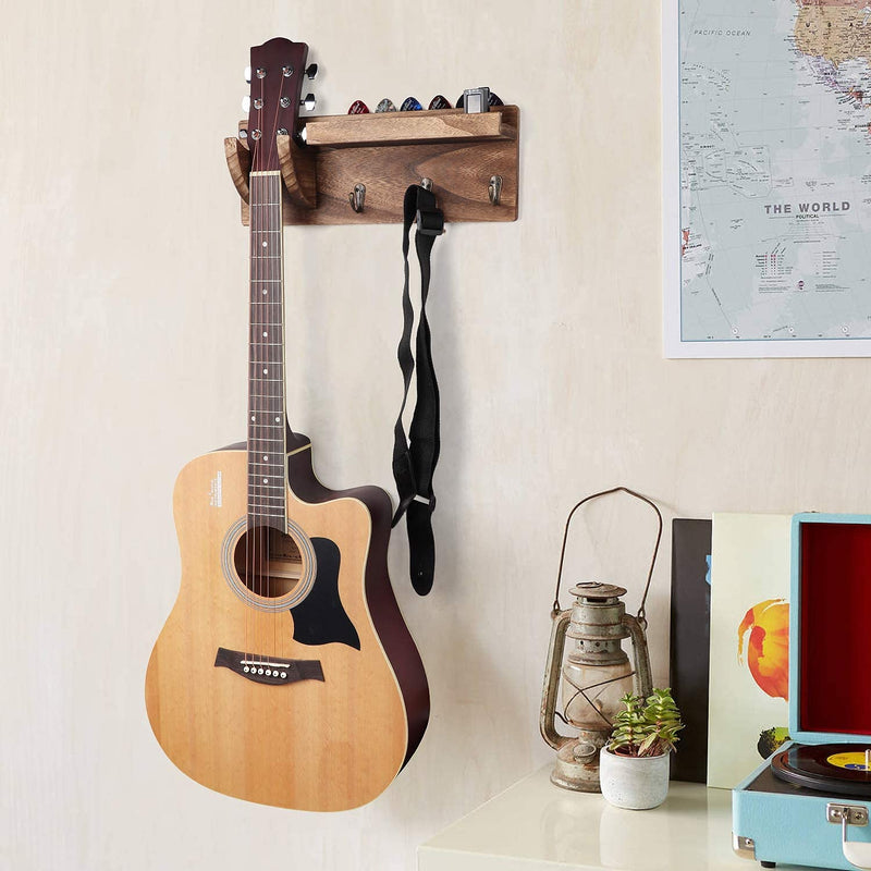 Bikoney Wall Mount Guitar Hanger Shelf with Pick Holder and 3 Hooks - Carbonized Black Guitar Holder for Acoustic, Electric, Bass, Ukulele [U.S. Patent]