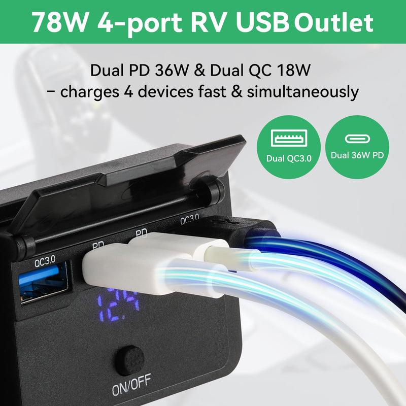 2 Pack 78W 12V USB Outlet Panel Wall Mount with Blue Voltmeter Dual 36W PD & Dual 18W QC3.0 Car USB Port Lightweight 12V USB Charger with ON/Off Switch Pack of 2 with 4 Port / 78W