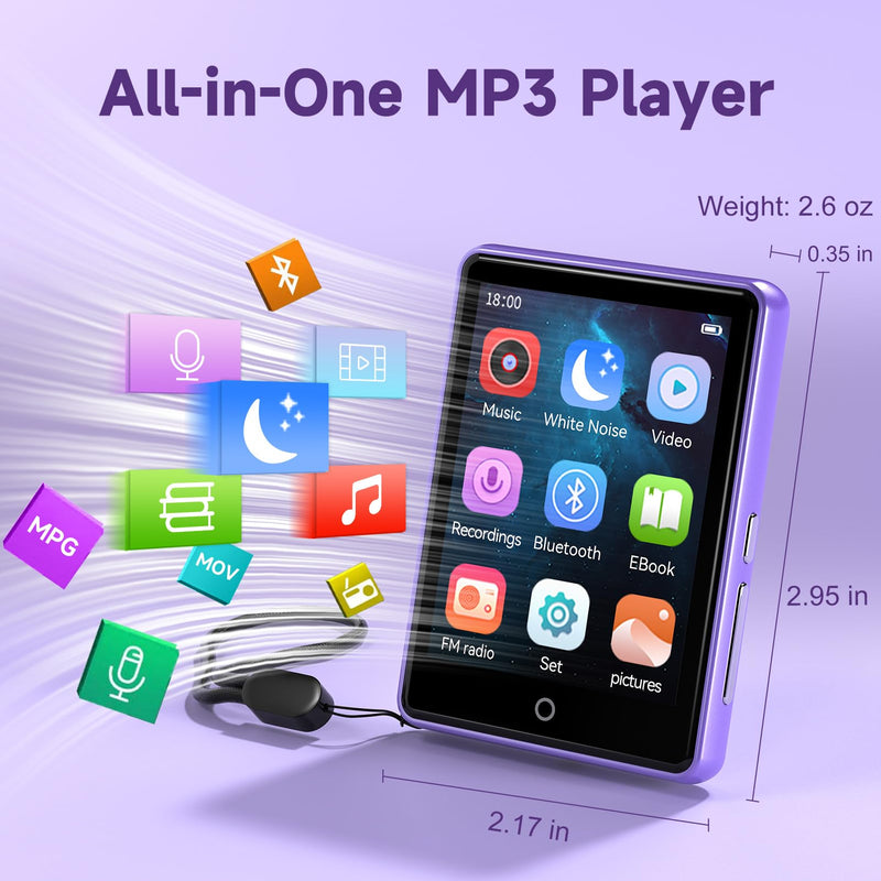 32GB MP3 Player with Bluetooth 5.3 Auto Reconnect, Zinc Alloy Frame | Built-in Speaker & White Noise, 2.8" Touchscreen, 48H Battery, Resume Playback, Supports 128GB microSD Card, Metallic Purple