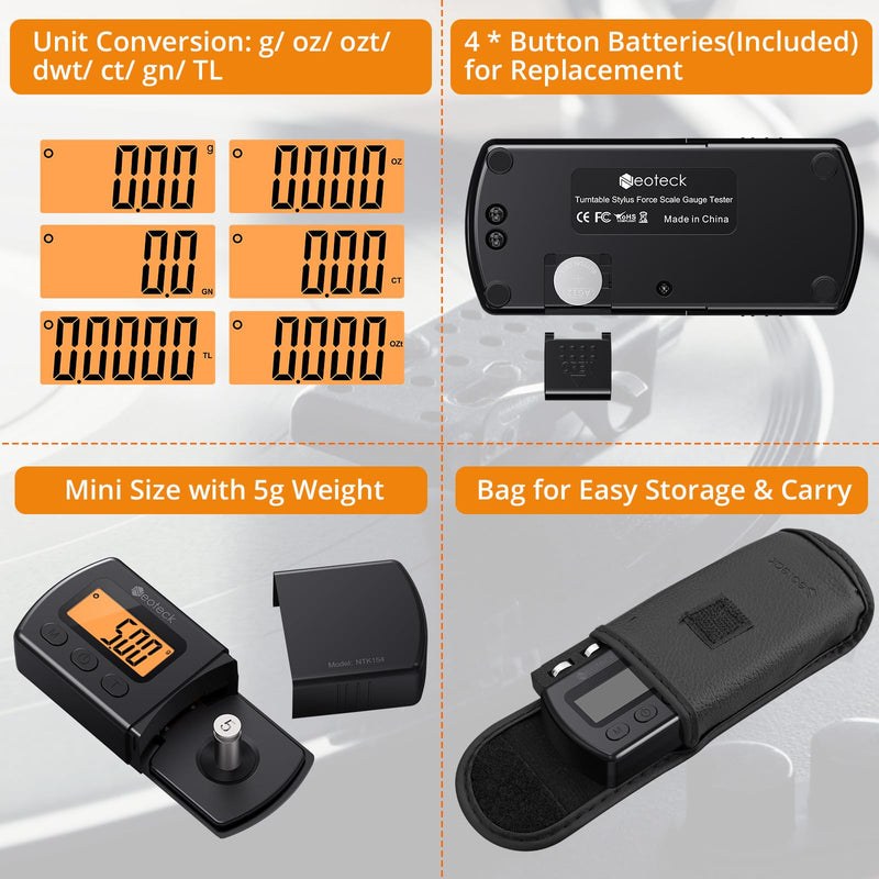 Neoteck Digital Turntable Stylus Force Scale Gauge 0.01g/5.00g Orange LCD Backlight for Tonearm Phono Cartridge-Jet Black Jet Black