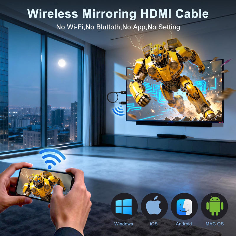 Wireless HDMI Display Adapter for iPhone, Wireless Mirroring Cable for iPhone,iPad,MacBook,Android,Windows to TV/Monitor/Projector,Streaming Video/Audio/Files,Supported Airplay & Miracast
