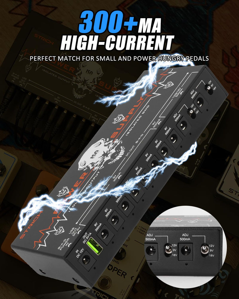 STRICH SPS-60 Guitar Pedal Power Supply, 10 Totally Independent DC Outputs Pedal Board Power Supply for 9V/12V/18V (300mA/500mA) High Power for Power High-current Effect Pedal, Noiselessly