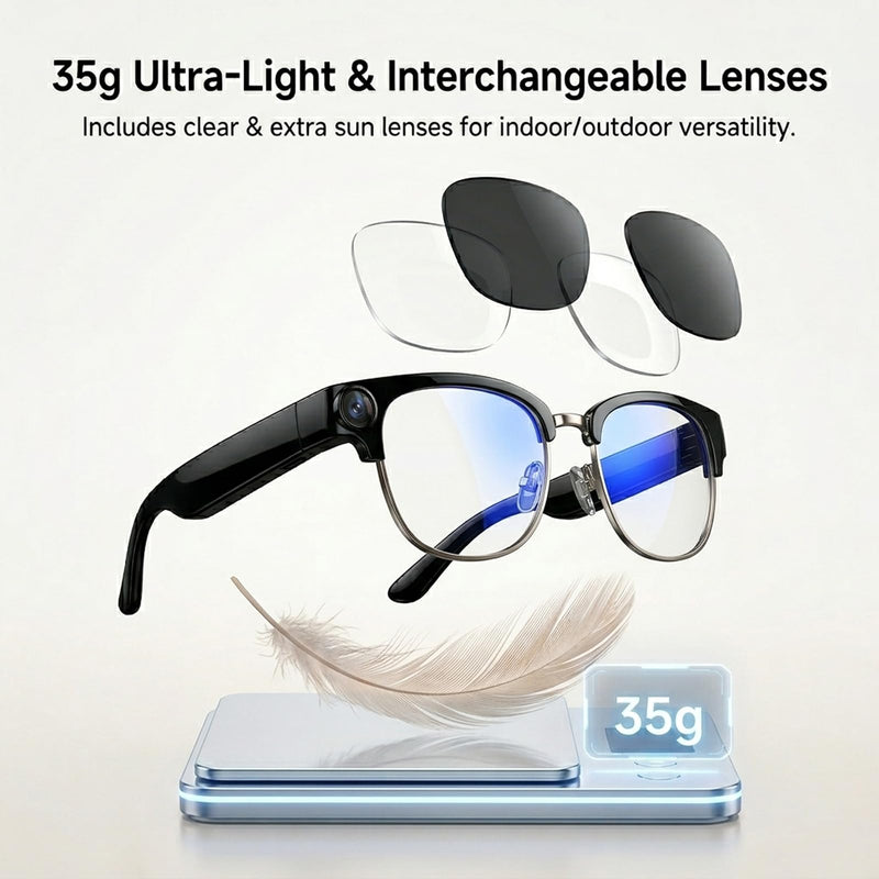 AI Smart Glasses Camera, 4K EIS Anti-Shake Photo & Photochromic | Real-Time Translation, Object Recognition, Voice Assistant, Open-Ear BT, 4K Video Recording, Photochromic & Extra Lenses Black