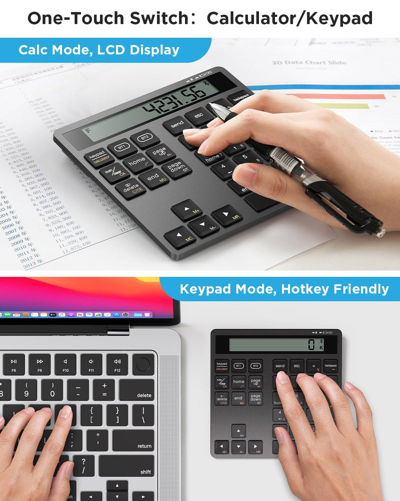 Rechargeable Wireless Number Pad for Laptop, Dual Bluetooth Number Keypad with Calculator Display, 34-Key Numeric Keypad for Windows, Mac, PC, Tablet Black