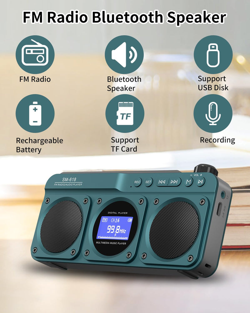 [AUSTRALIA] - SEMIER Small Digital FM Radio Bluetooth Speaker, Handheld Rechargeable Radio Wireless Speaker, LCD Display, Double Speakers, Headphone Jack, Support USB/Micro SD Card MP3 Play for Home Outdoor (No AM) Blue 