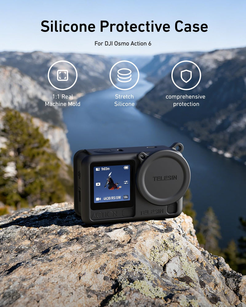 [AUSTRALIA] - TELESIN Silicone Protective Case for DJI Osmo Action 6 with Lens Cap & Lanyard, Anti-Scratch Washable Cover Anti-Slip Dustproof Action Camera Protection for DJI Action 6 Accessories (Black) Black 