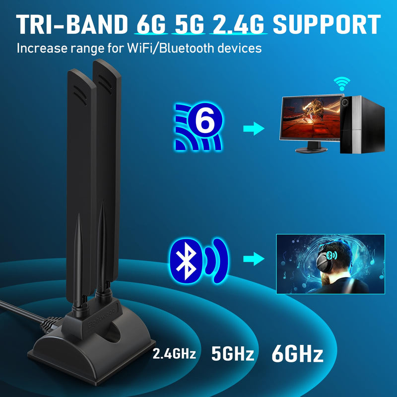 Eightwood WiFi 6E Antenna Tri-Band 6GHz 5GHz 2.4GHz RP-SMA WiFi Antenna | Magnet Mount Base Antenna for PC Desktop Computer, Gaming Motherboard, PCIe Bluetooth Card, WiFi Router wifi 6e antenna/rp-sma connector