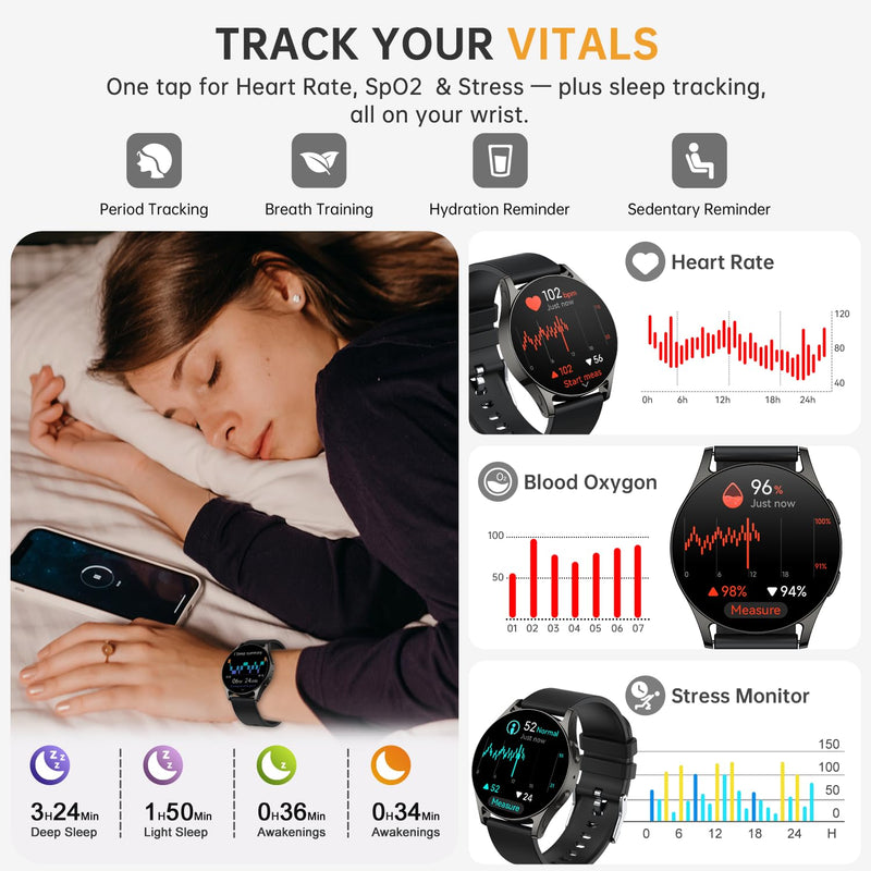 AI Smart Watch for Women Men with GPT, 1.32" AMOLED Fitness Tracker with Heart Rate/Sleep/SpO2 Monitor, Waterproof Smartwatch for Android/iPhone Phones (Black) Black