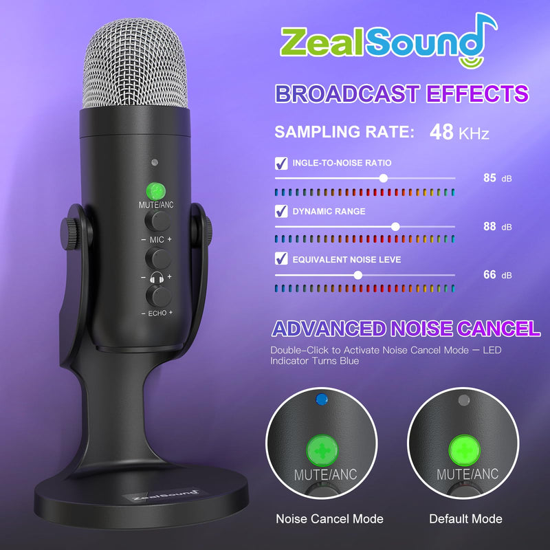 [AUSTRALIA] - ZealSound Wireless Microphone,USB Mic for iPhone PC iPad Android Phone-Cordless Condenser Desktop Microphones with Mute Echo Monitor Volume Gain 2.4GHz for Podcast,ASMR,Gaming,YouTube Video/K66 Black 