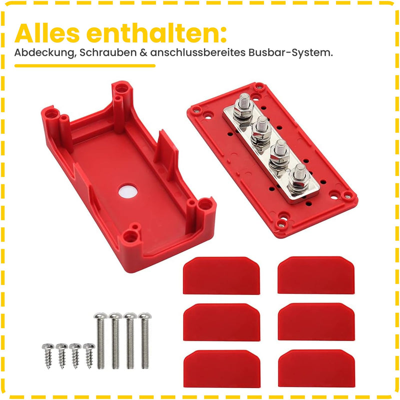 Offgridtec BusBar Box Red 4 x M8 Connection Bolts Including Cover and Mounting Screws Busbar Box 4 x M8 mit Abdeckung Rot