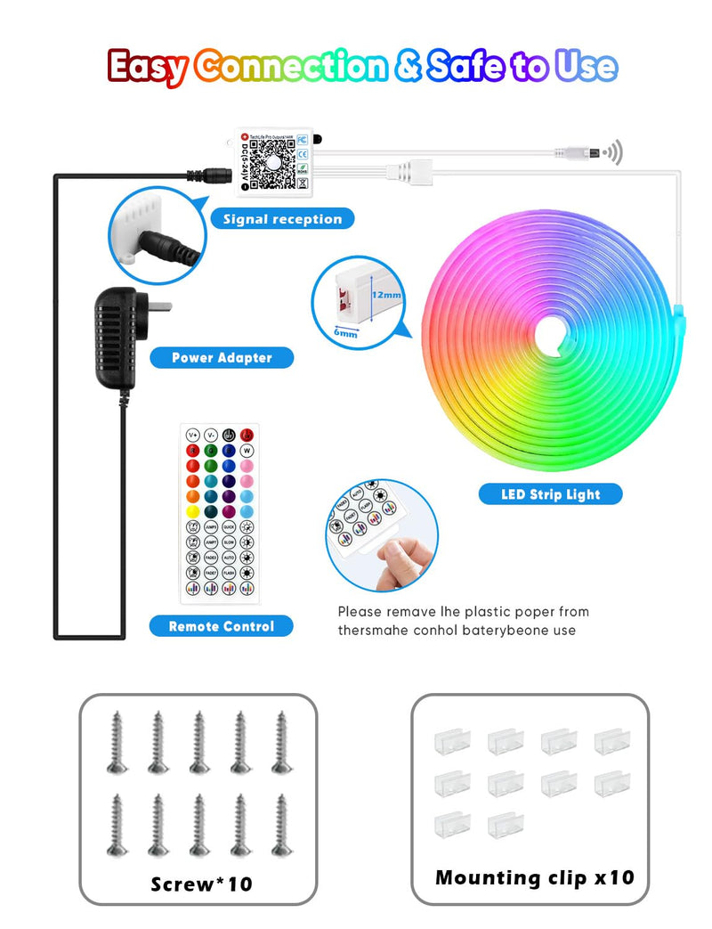 KIKO 32.8ft Rope Lights, 10m Led Strip Lights Remote APP Control,IP67 Outdoor Neon Lights Music Sync Led Rope Lights DIY Mode Neon Flex Strip Lights for Bedroom Indoors Outdoors Decor 33FT