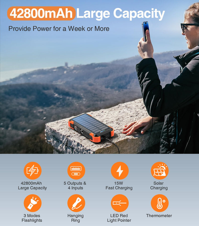 GOODaaa Power Bank Portable Charger 42800mAh Built in 4 Cables and Thermometer 15W Fast Charging Power Bank Five Outputs Three Inputs Solar Charger Power Bank, SOS/Strobe/Strong Flashlights, Carabiner Orange