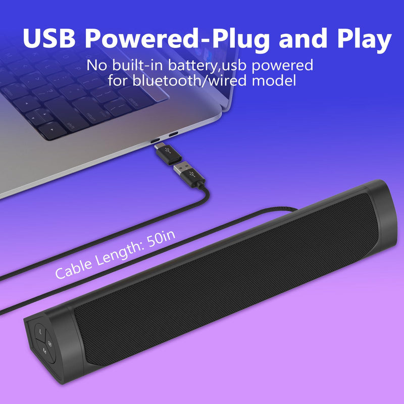 USB Computer Speakers for Desktop Pc,Bluetooth PC Speakers with Headphone Output,2 Ways Connect USB Powered Wired Speakers for Windows,Linux,Mac Air/Pro Phones(USB-C to USB Adapter Included) Black