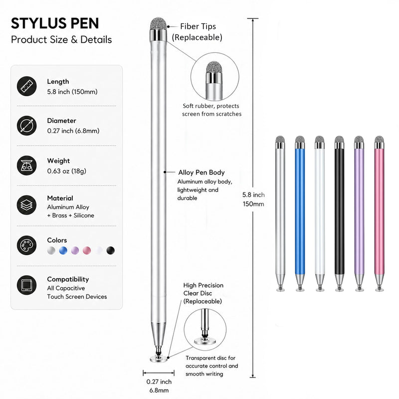 6 PCS Stylus Pen for Touchscreen, 2in1 Universal Stylus for Nintendo Switch | Metal Barrel, High-Precision Disc Tip Capacitive Stylus Pencil for Apple iPad/Ayn Thor/iPhone/Android Smartphones and Tablets A Stylus Pen for All Touchscreens Set (6 Pcs)