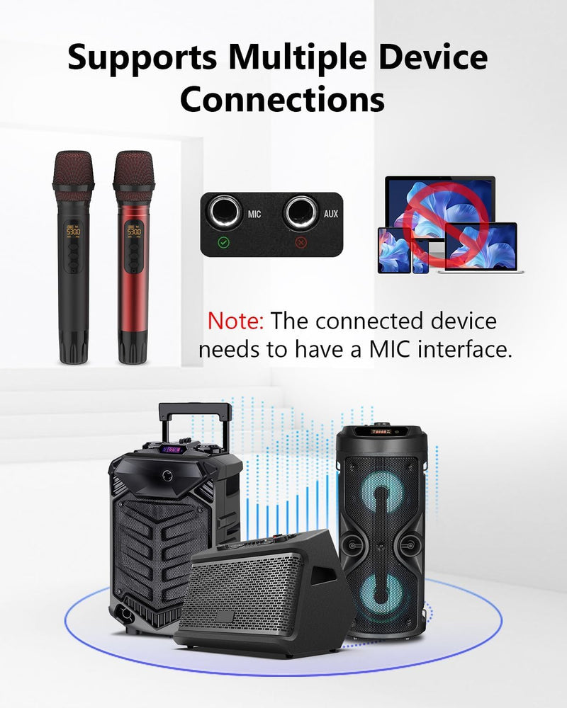 Wireless Microphones, UHF Metal Dual Handheld Cordless Dynamic Karaoke Microphone Wireless, 1/4 "Output for Rechargeable Wireless Microphone,Suitable for Wedding, Party, Speech,Class Use, 240ft