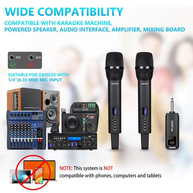 [AUSTRALIA] - Dual Rechargeable Wireless Microphones, Pro Handheld Cordless Mics System with Echo Treble BASS VOL Control for Karaoke Singing Church Party, 1/4'' Output, Black 2 Mics, Black 