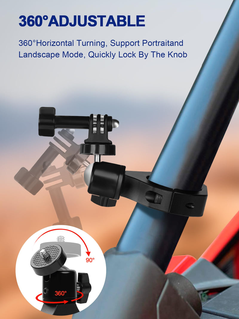 UTV Camera Mount for GoPro & More, Aluminum Bracket Fits 1.75"-2" Roll Cage on Polaris RZR, 360° Rotation UTV Camera Holder Compatible with Insta360, AKASO, DJI Osmo Action Cameras
