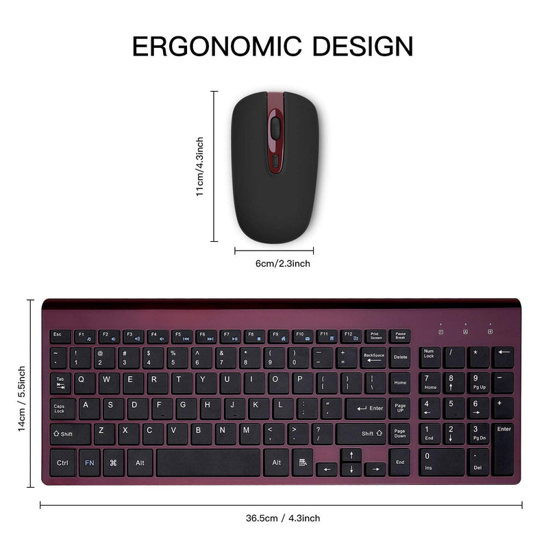 Wireless Keyboard Mouse Combo, cimetech Compact Full Size Wireless Keyboard and Mouse Set 2.4G Ultra-Thin Sleek Design for Windows, Computer, Desktop, PC, Notebook - (Wine red) Wine Red