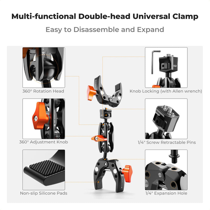 [AUSTRALIA] - K&F CONCEPT Double Super Clamp Camera Mount with 1/4" Threads Metal Clamp for Chair, Pole, Tripod, Desk, Flag, Umbrella, Motorcycle Mount 