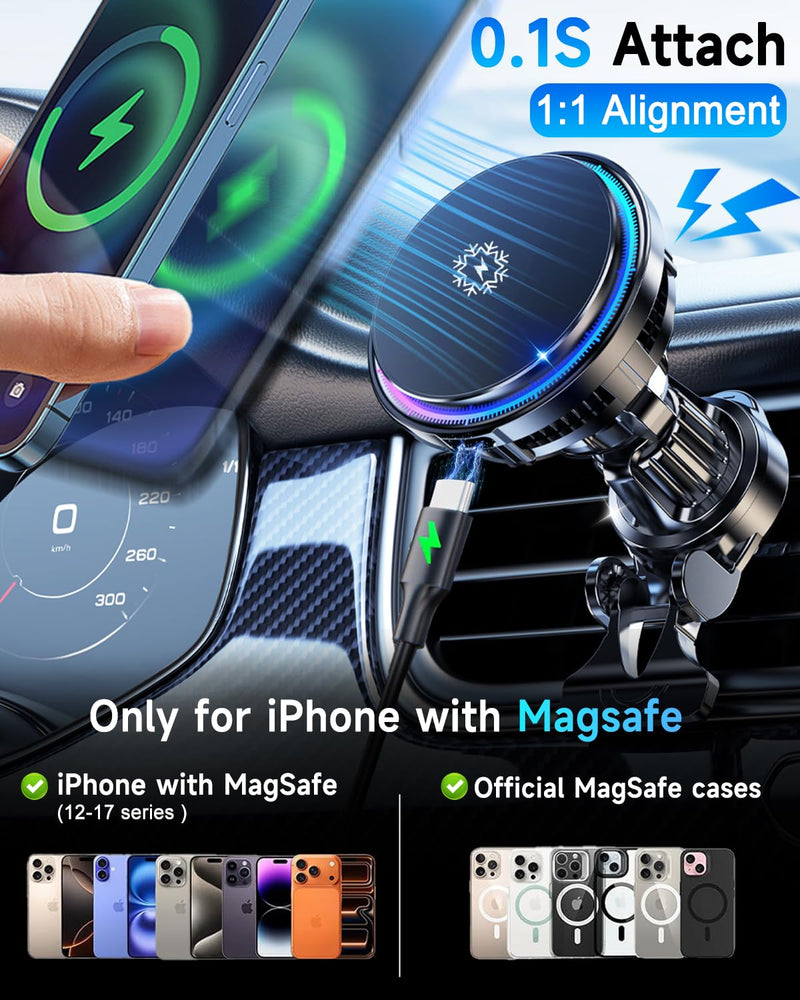 for MagSafe Car Mount Charger TEC Fan Cooling Magnetic Wireless Car Charger | 15W Fast Charging [3800gf Ultra Magnet] Magnetic Car Phone Holder for Your Car, 360° Vent Car Bracket for iPhone & Android Black 1
