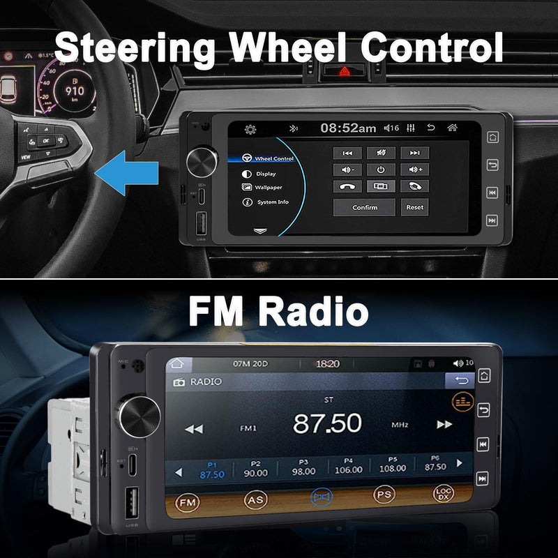 Single Din Touchscreen Radio Wireless/Wired CarPlay & Android Auto, HD IPS Touchscreen Car Stereo Single Din with Bluetooth 5.4, Mirror Link, Volume Knob, FM/SWC/EQ/USB 5.1"