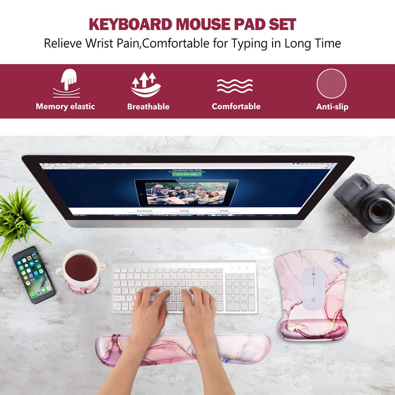 AIMSA Ergonomic Keyboard Wrist Rest and Mouse Pad with Wrist Support Set, Memory Foam Non-Slip Rubber Base, for Home, Office, Easy Typing, Pain Relief, Pink Purple Marble