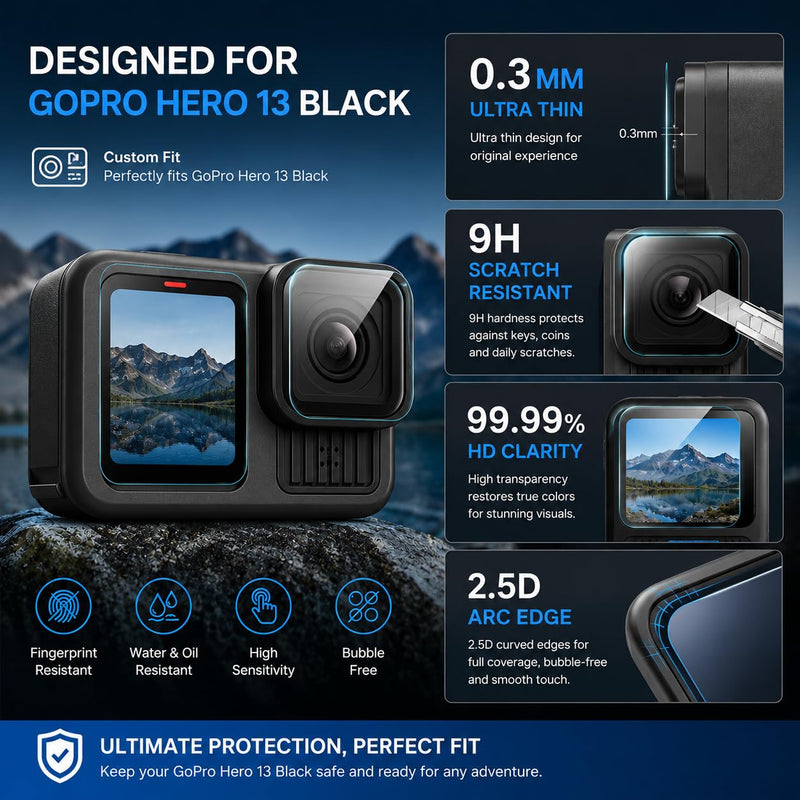 Screen Protector Compatible with GoPro Hero 13 Hero13 Black HD 9H Hardness | GoPro Hero 13 Screen Protector With 9H Tempered Glass[9 PCS], HD Clarity, 2.5D Edges, 3-pack Protection