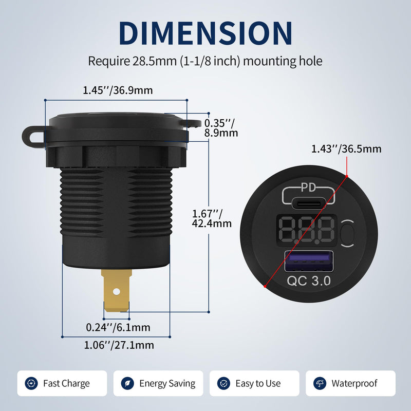 DaierTek 12V USB C Car Charger Socket 3-Pack - 48W PD & QC 3.0 Fast Charging Dual USB Outlet with Voltmeter & ON/Off Switch, Waterproof 12V Charging Port for Car, Marine, Boat, Golf Cart