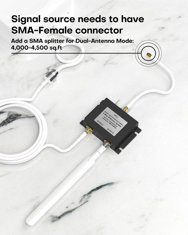 2 Way Signal Booster Splitter with SMA Female Connectors, | 698-2600 MHz Wide Band Cell Phone Booster Accessory for Dual Indoor Antennas, Compatible with LTE Networks and US Carriers