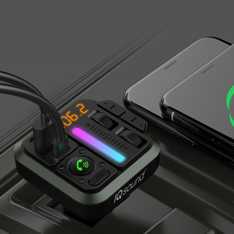 IQ Sound IQ-311BT 2-in-1 FM Bluetooth Transmitter & Car Charger with Bass & Treble Control, Wirelessly Stream Calls & Music, Hands-Free Mode, LED Display, Fast-Charging, Siri/Google Voice