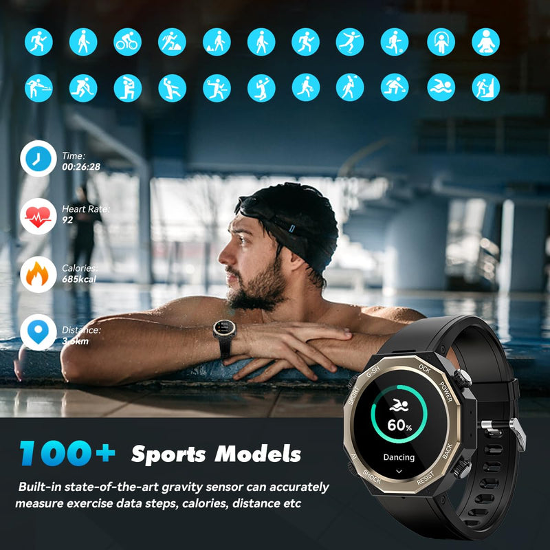 Alpha Gear Smart Watch for Men 680mAh 1.45" AMOLED 5ATM Waterproof Fitness Tracker Watch Heart Rate Blood pressure Blood Oxygen Sleep Monitor Bluetooth Calls Military Smartwatch for iOS Android Black