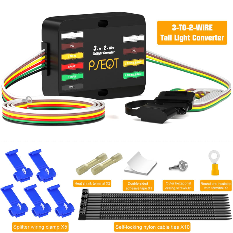 [AUSTRALIA] - PSEQT 3-to-2-Wire Splice-in Trailer Tail Light Converter with 4-Pin Flat Plug Wiring Harness Waterproof for Tail Side Clearance Brake Stop Turn Signal Lights, Used in Trailer Truck Van RV ATV, 1Pcs 