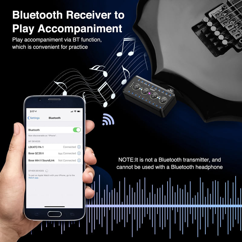 LEKATO Micro Guitar Headphone Amp Bass Guitar Headphone Amplifier with Multi Effects - Amp Models, IR Loading, Tuner, Rechargeable Electric Headphone Amplifier Delay Reverb Chorus Overdrive Portable