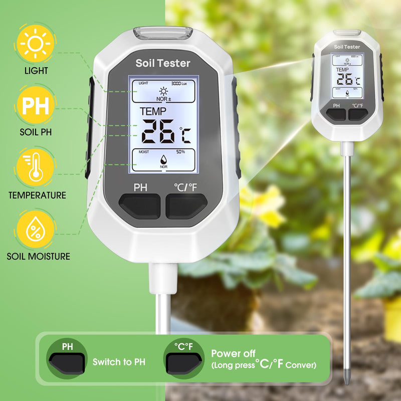 YAMRON 4-in-1 Soil Moisture Meter, Digital Plant Temperature/Soil Moisture Test & PH Meter/Sunlight Intensity, Backlight LCD Display for Gardening, Farming and Outdoor Plants