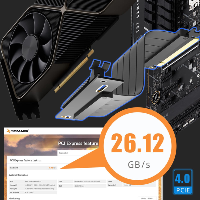 GLOTRENDS 300mm PCIe 4.0 X16 Riser Cable for PCIe 4.0/3.0 GPUs, Such as GeForce RTX 40/30 Series and AMD Radeon RX7000/RX6000 Series, etc 90 Degree Right Angle