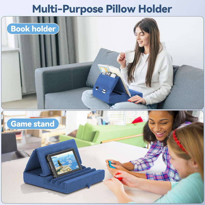 [AUSTRALIA] - KDD Tablet Pillow Holder, Foldable iPad Stand for Lap, Bed and Desk -Tablet Soft Pad Dock with Pocket & Stylus Mount Compatible with iPad Pro 12.9, 10.5, 9.7 Air Mini 6 5 4 3, Galaxy Tab,E-Reader Blue 