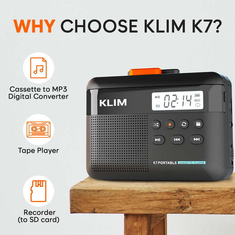[AUSTRALIA] - KLIM K7 Cassette Tape Player - Cassette to MP3 Converter - Portable - Built-in Microphone & Speaker - Rechargeable Battery - Earphones - 16GB SD Card - Black-Orange Black Orange 
