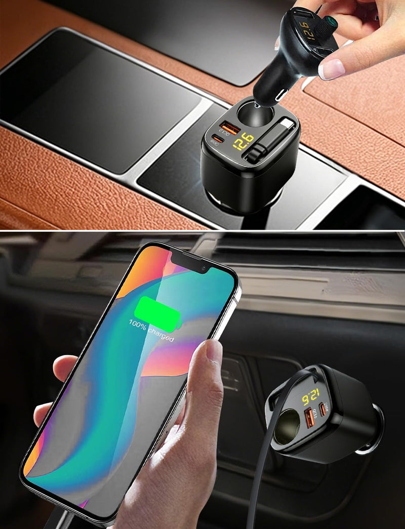 Retractable USB C Car Charger, 215W 4 in 1 Cigarette Lighter Adapter | PD65W Laptop Fast Charging, Socket Splitter with Multi Port, 12V Car Charger Adapter for iPhone 17 Pro Max, MacBook, GPS