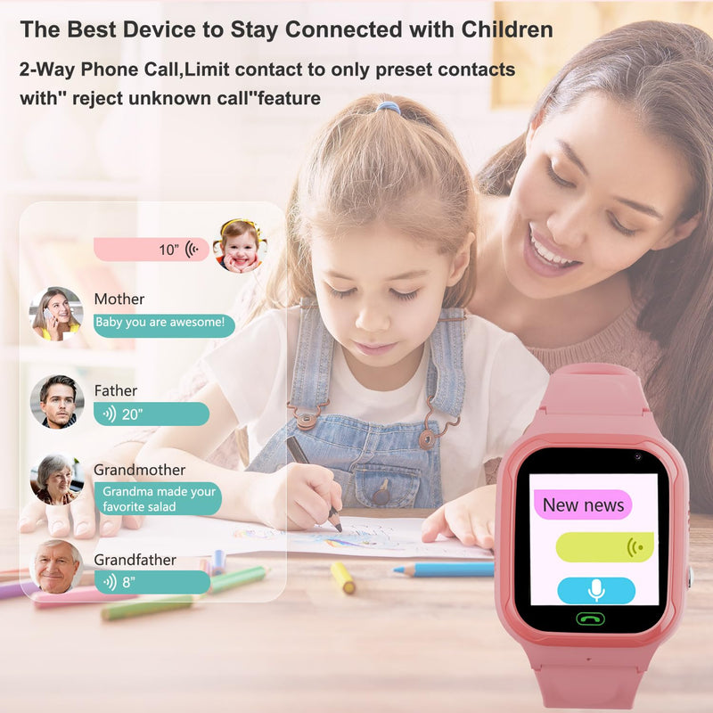 4G Kids Smart Watch GPS Tracker, Boys Girls Kids Smartwatches Phone Watch Video Call SOS Emergency Alarm Voice Chat Game and Touch Screen Tracking Smartwatch for Age 4-12 (Pink) Pink